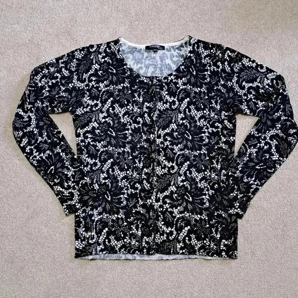 George Sweater Black and White Print Cardigan Medium Crewneck Button Front - Picture 11 of 11